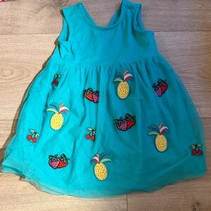 Vibrant Green Kids Dress with Fruit Embroidery and Mesh Overlay